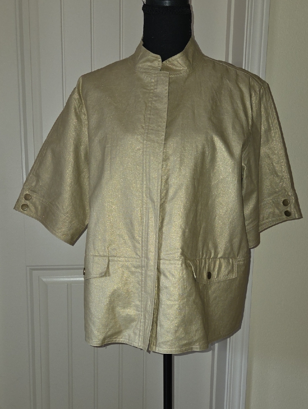 Chico's Gold Metallic Short Sleeve Full Zip Linen Jacket, Size 2 US L (12/14)